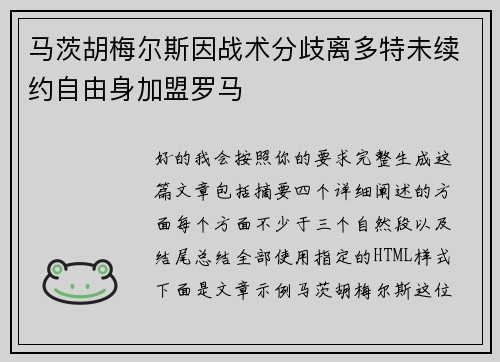 马茨胡梅尔斯因战术分歧离多特未续约自由身加盟罗马