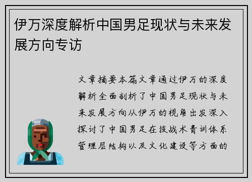 伊万深度解析中国男足现状与未来发展方向专访